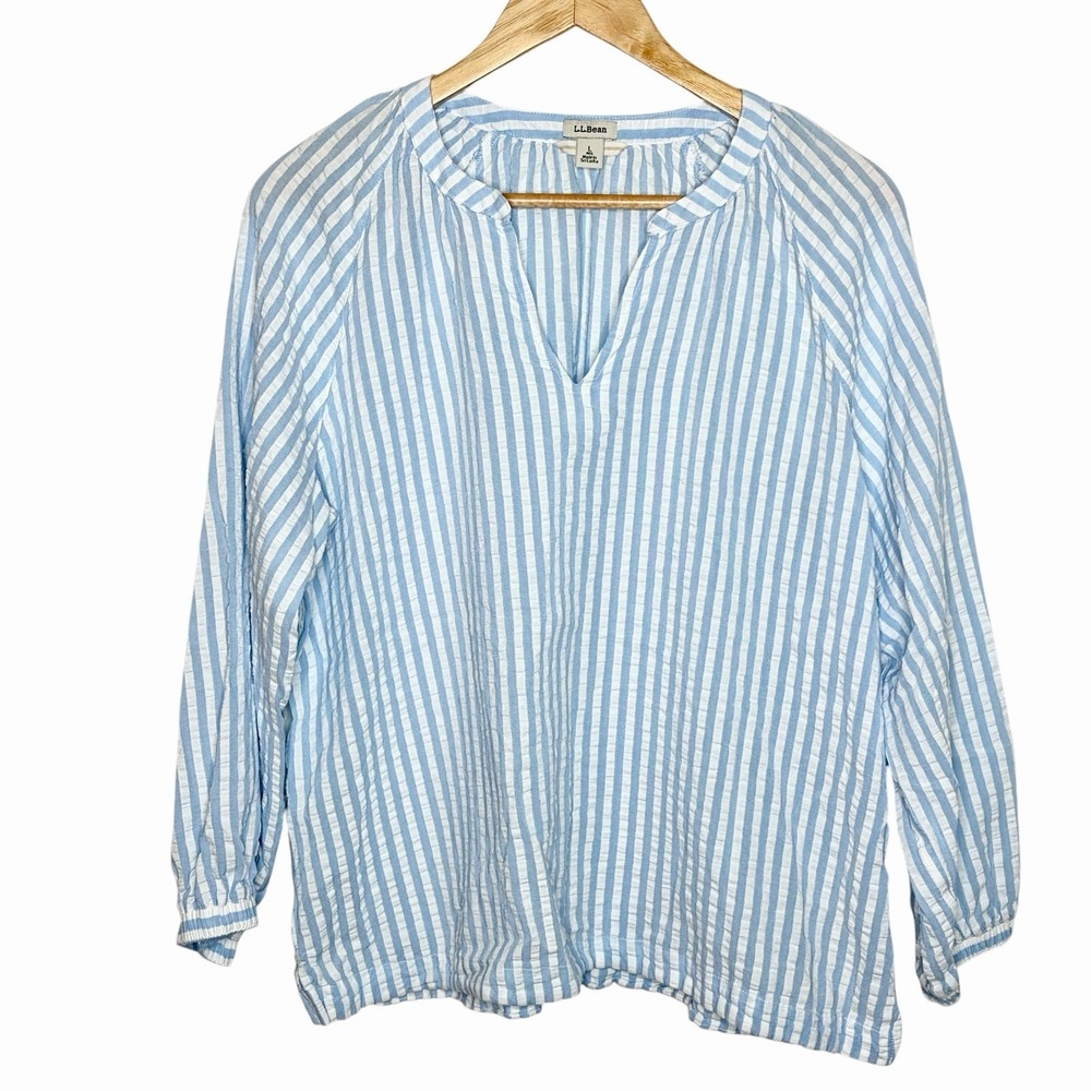 LL Bean Blue White Striped Seersucker Top Womens L Nautical Preppy Coastal Beach